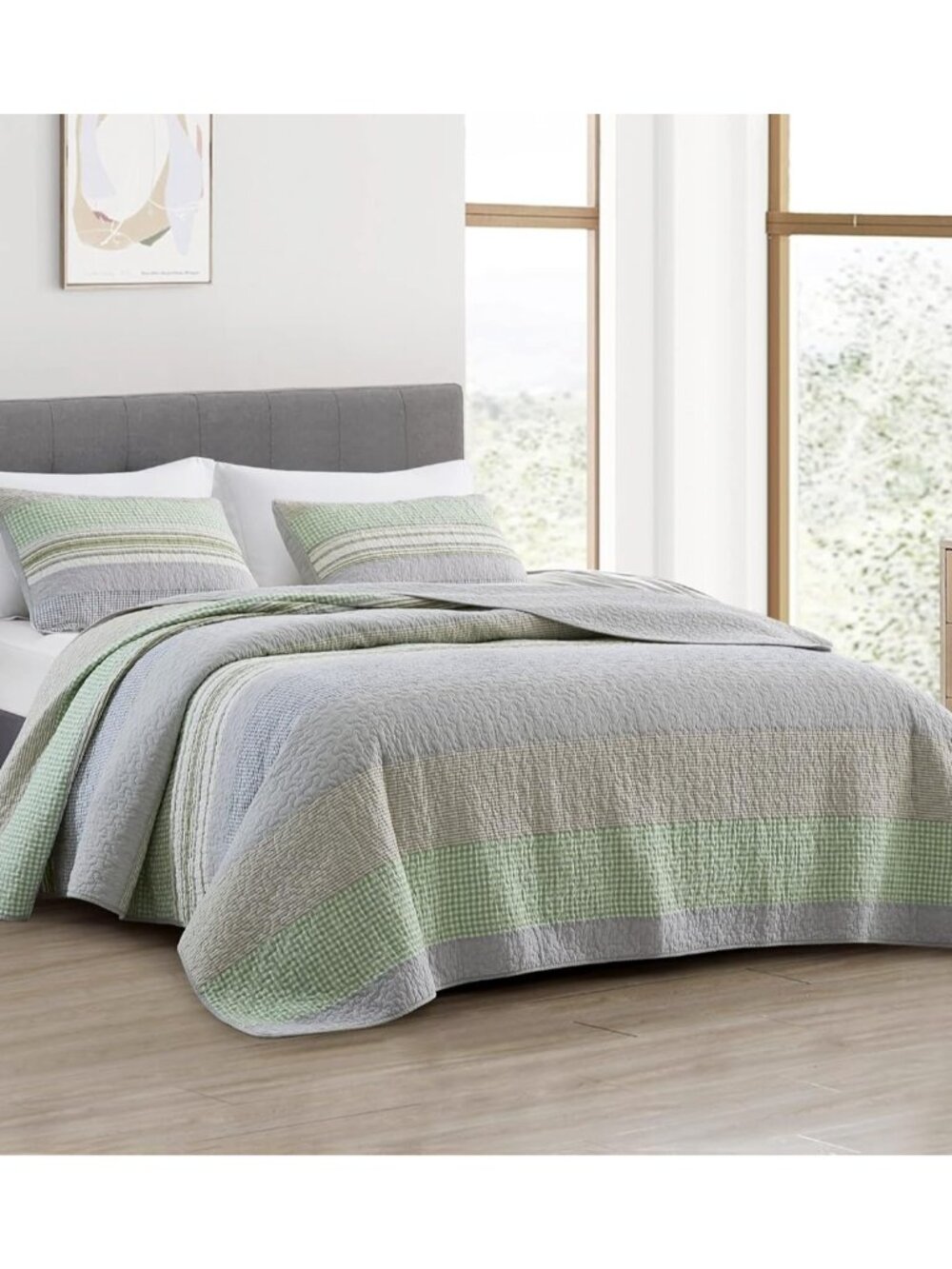 Rene 3-Piece Boho Chic Patchwork Stripe Quilt Set - Green Gray White Plaid Candy